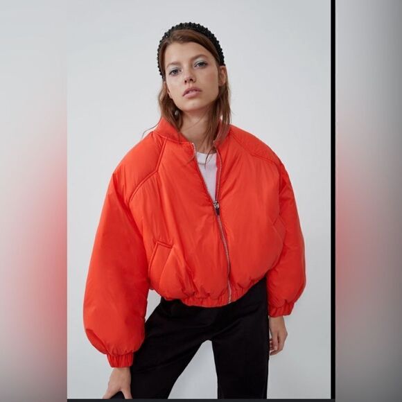 Zara red orange cropped zip front bomber long sleeve‎ puffer jacket size xs - Picture 6 of 15